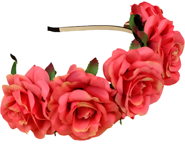 Floral headband with pink flowers on a wooden surface