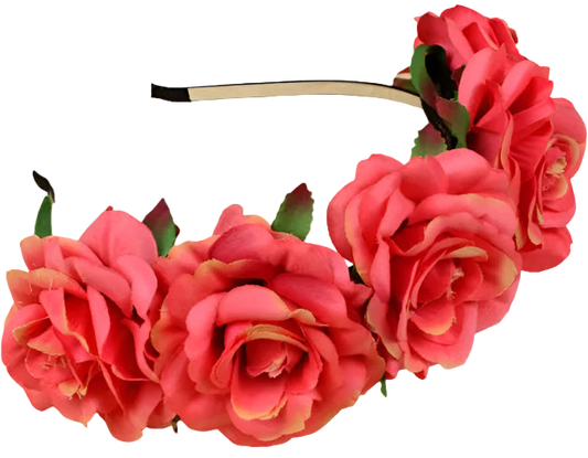 Floral headband with pink flowers on a wooden surface