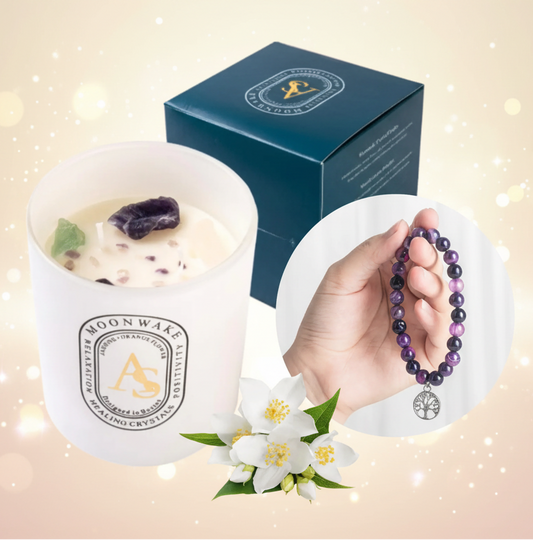 Candle with 'Moon Wake' branding, a hand holding a purple beaded bracelet, and a box in the background.