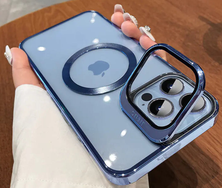 Blue phone case with Apple logo held by a hand on a wooden surface