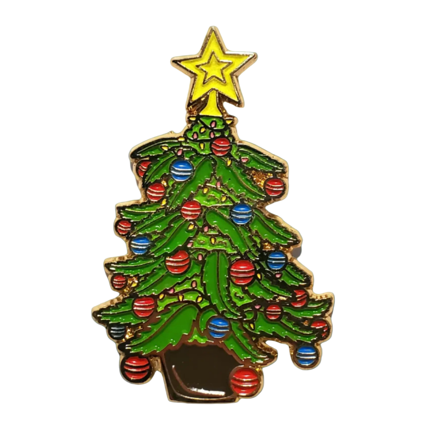 Christmas tree-shaped pin with colorful ornaments and a star on a white background