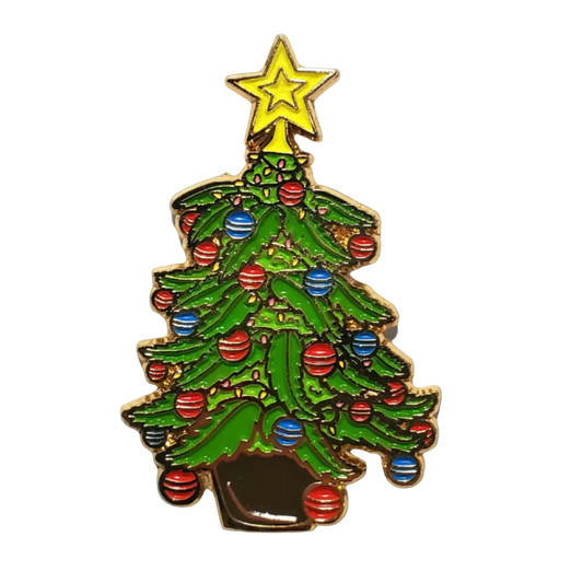 Christmas tree-shaped pin with colorful ornaments and a star on a white background
