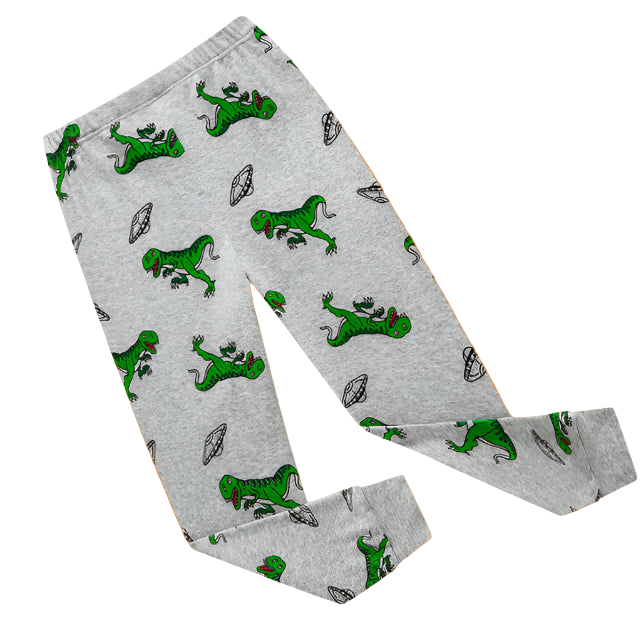 Gray pajama pants with green dinosaur pattern on a white background