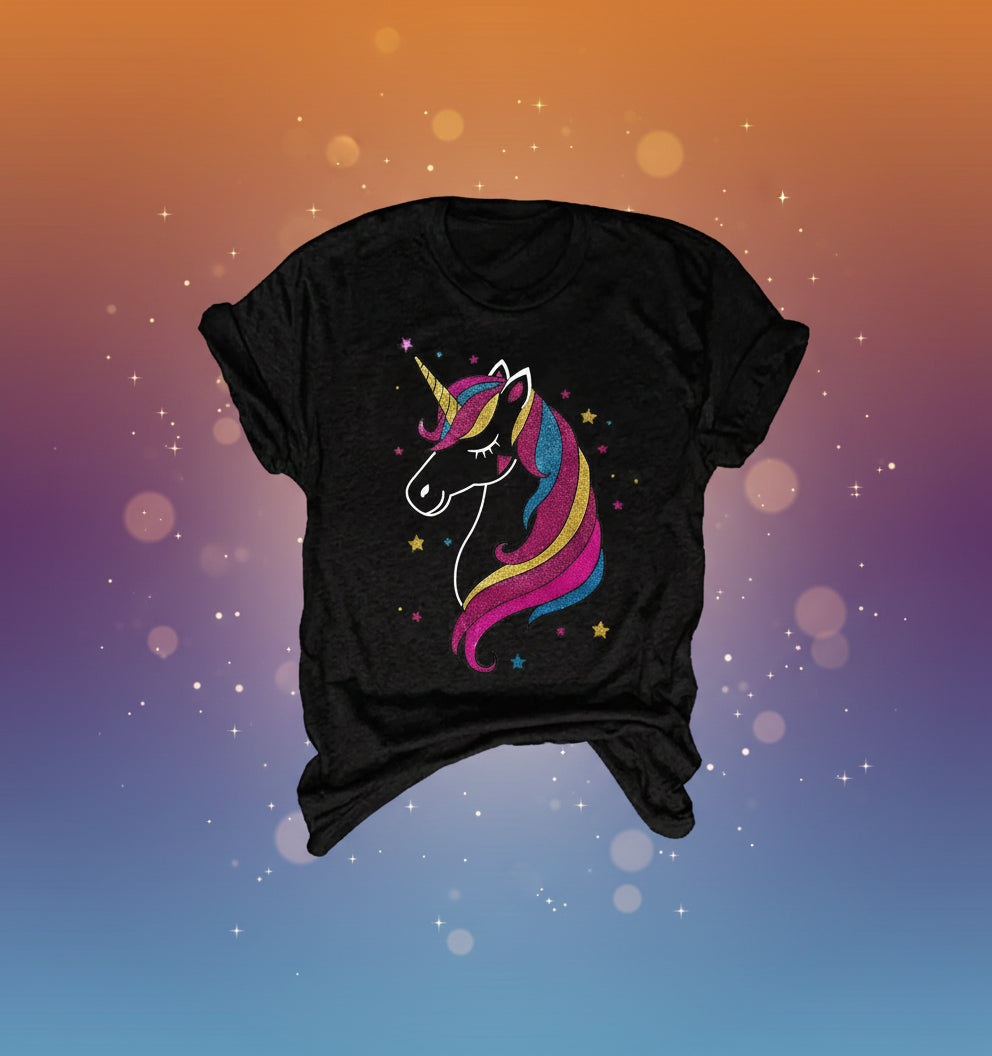 Black t-shirt with a colorful unicorn graphic on a white background