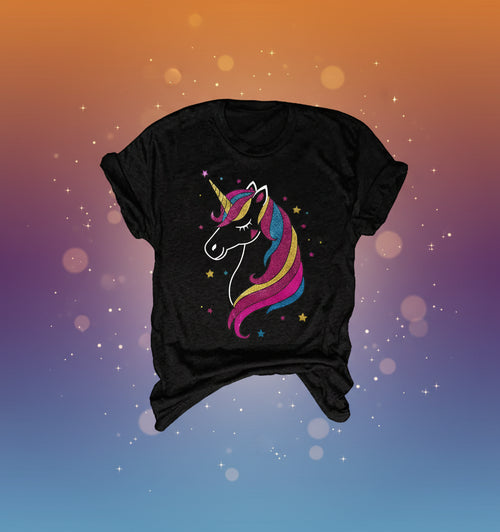 Black t-shirt with a colorful unicorn graphic on a white background