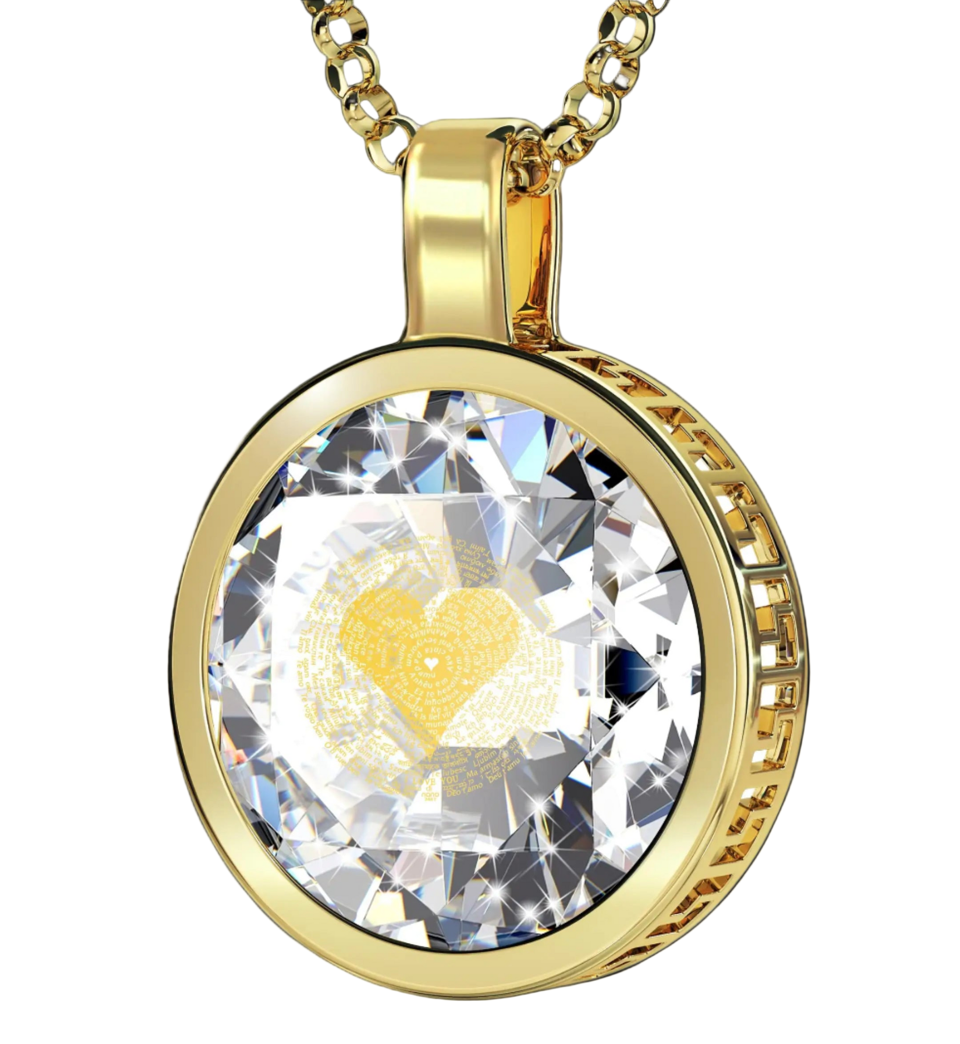 Gold necklace with a large crystal pendant featuring a gold heart.
