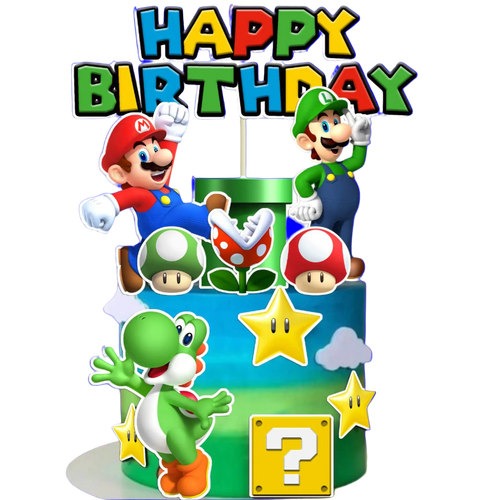 Birthday cake with Super Mario characters and 'Happy Birthday' text on a white background