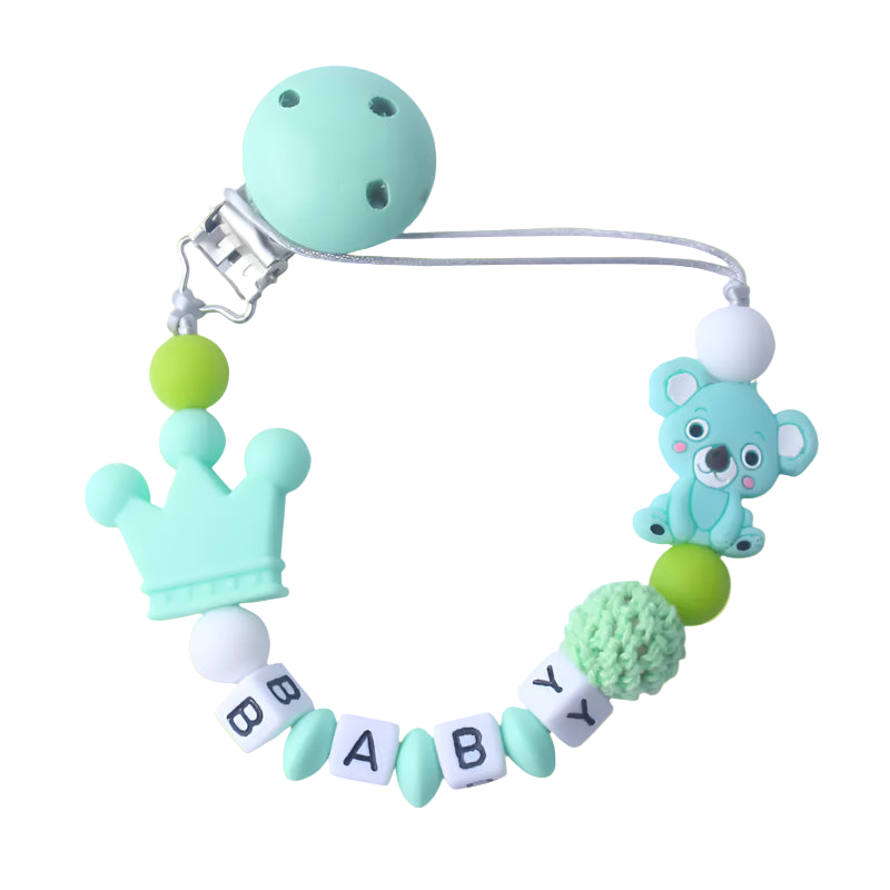 Teething toy with mint green accents and 'BABY' letters on a white background