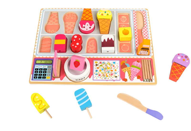Ice cream shop toy set with various ice cream-shaped blocks on a pink background