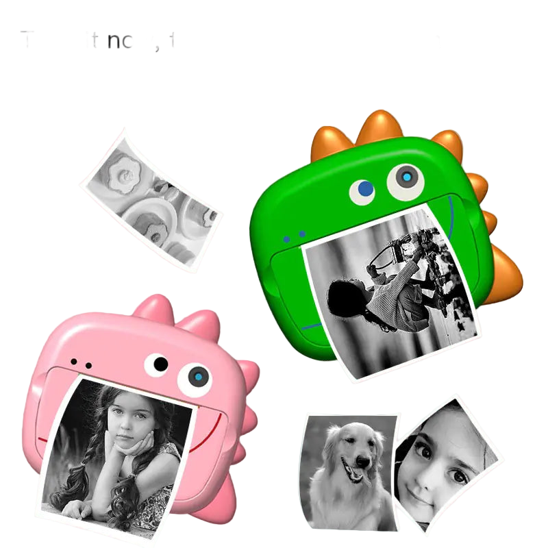 Two dinosaur-shaped photo printers with printed photos on a pink background