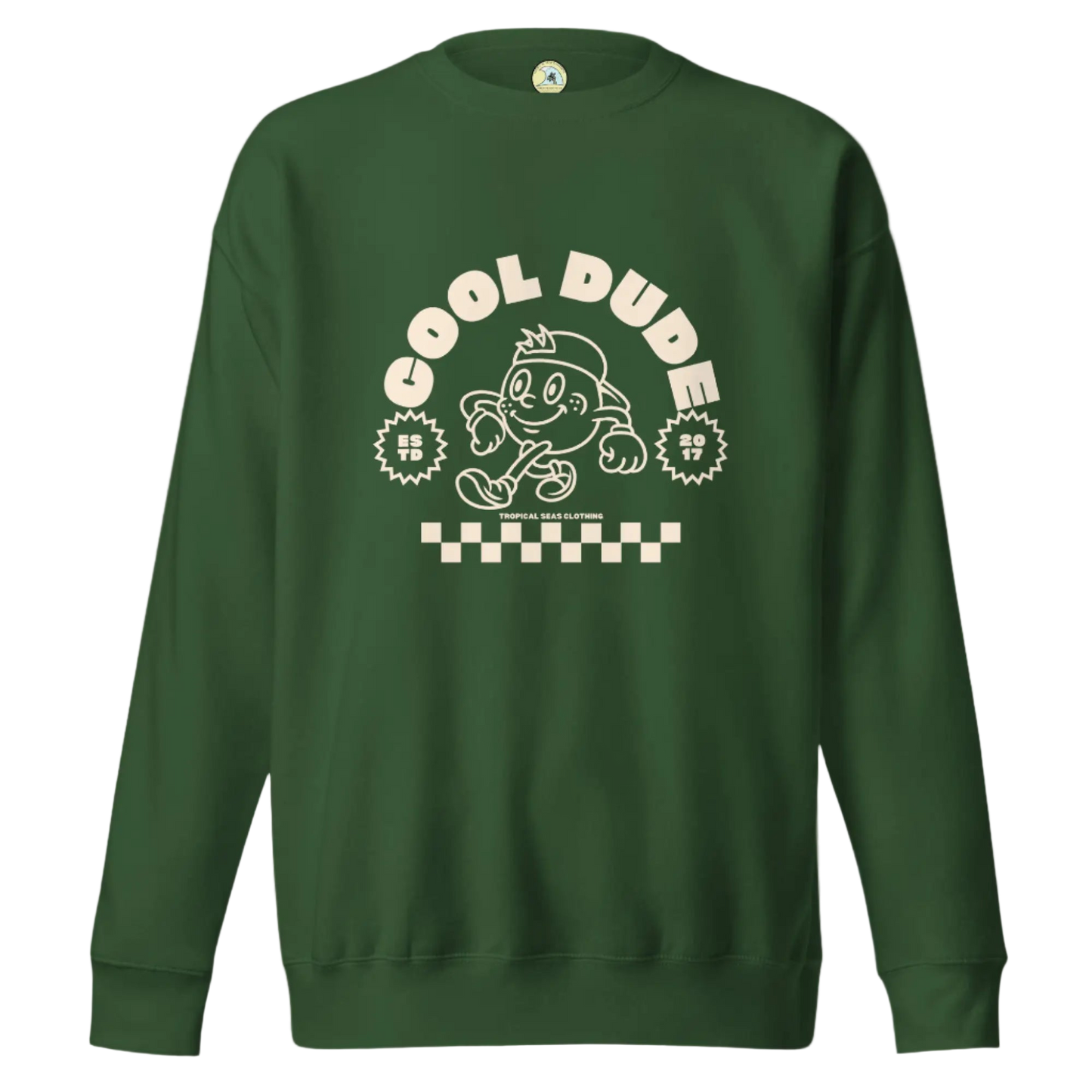 Green sweatshirt with 'Cool Dude' graphic design on a white background