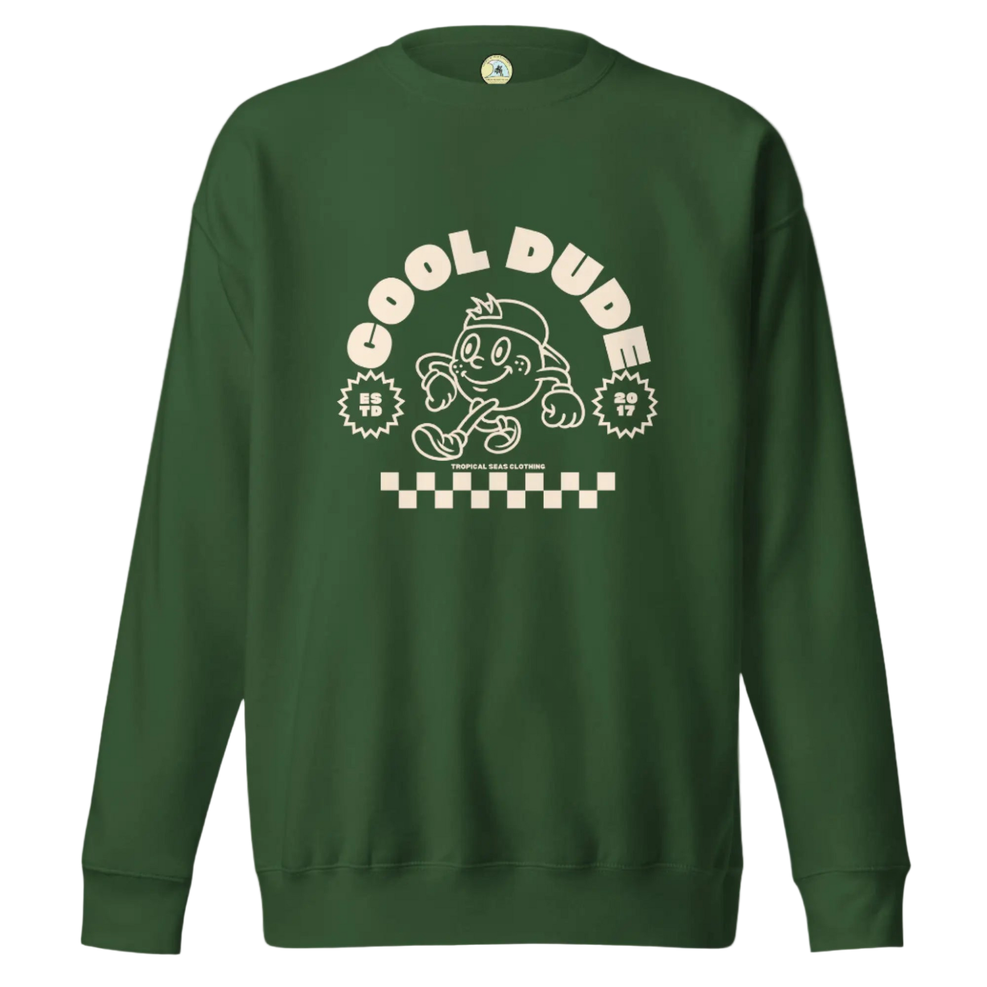 Green sweatshirt with 'Cool Dude' graphic design on a white background