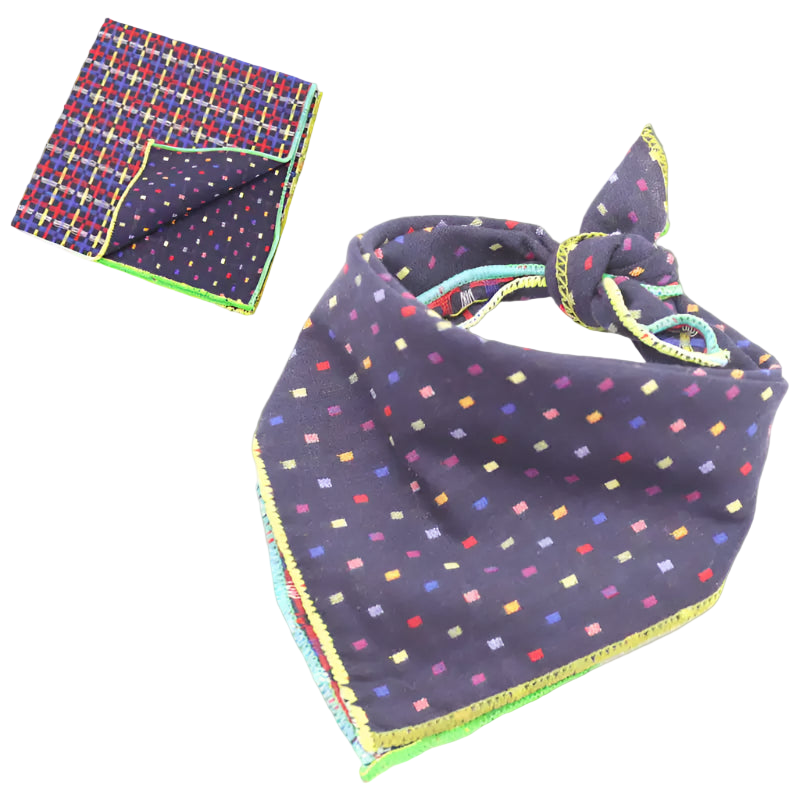 Navy bandana with colorful polka dots and a matching pocket square on a white background