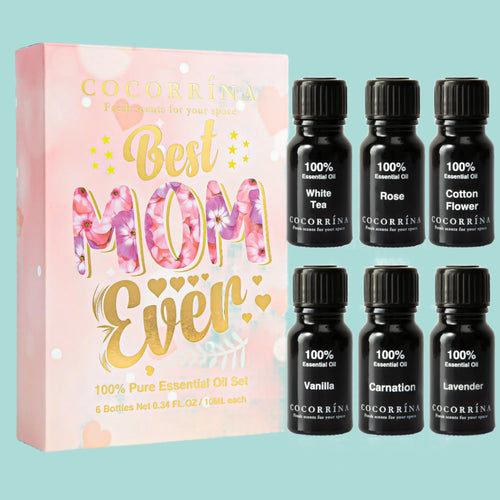 Set of essential oil bottles with a 'Best Mom Ever' gift box