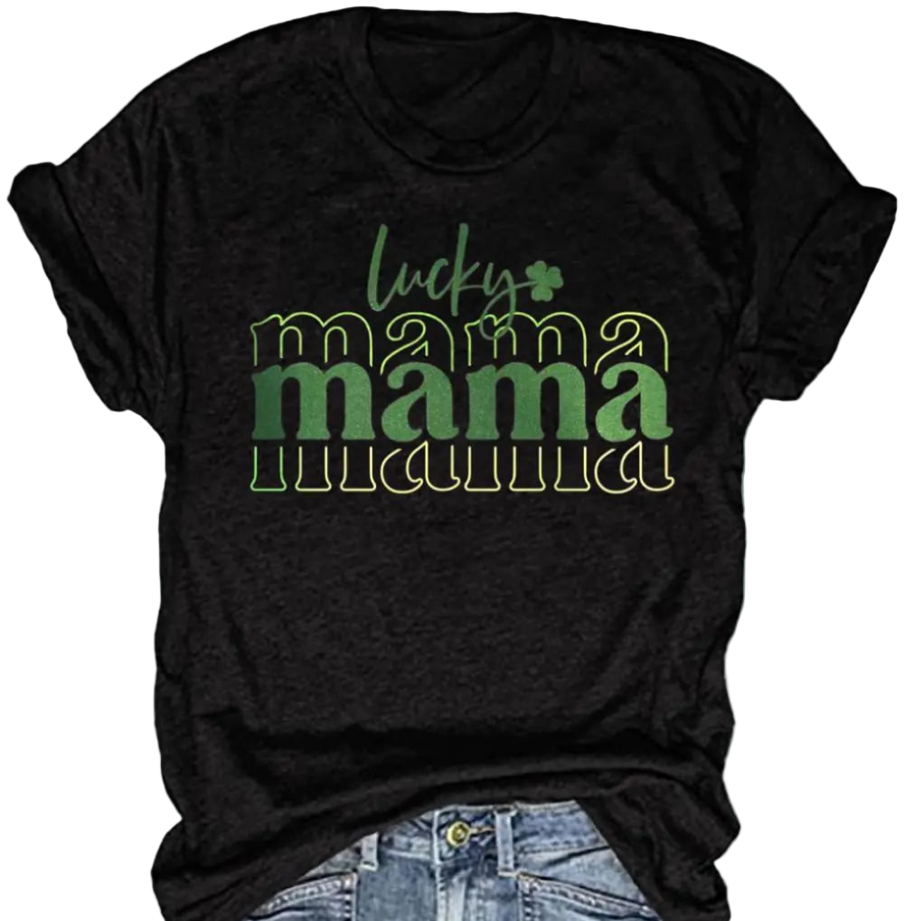 Black t-shirt with 'lucky mama' text in green on a white background