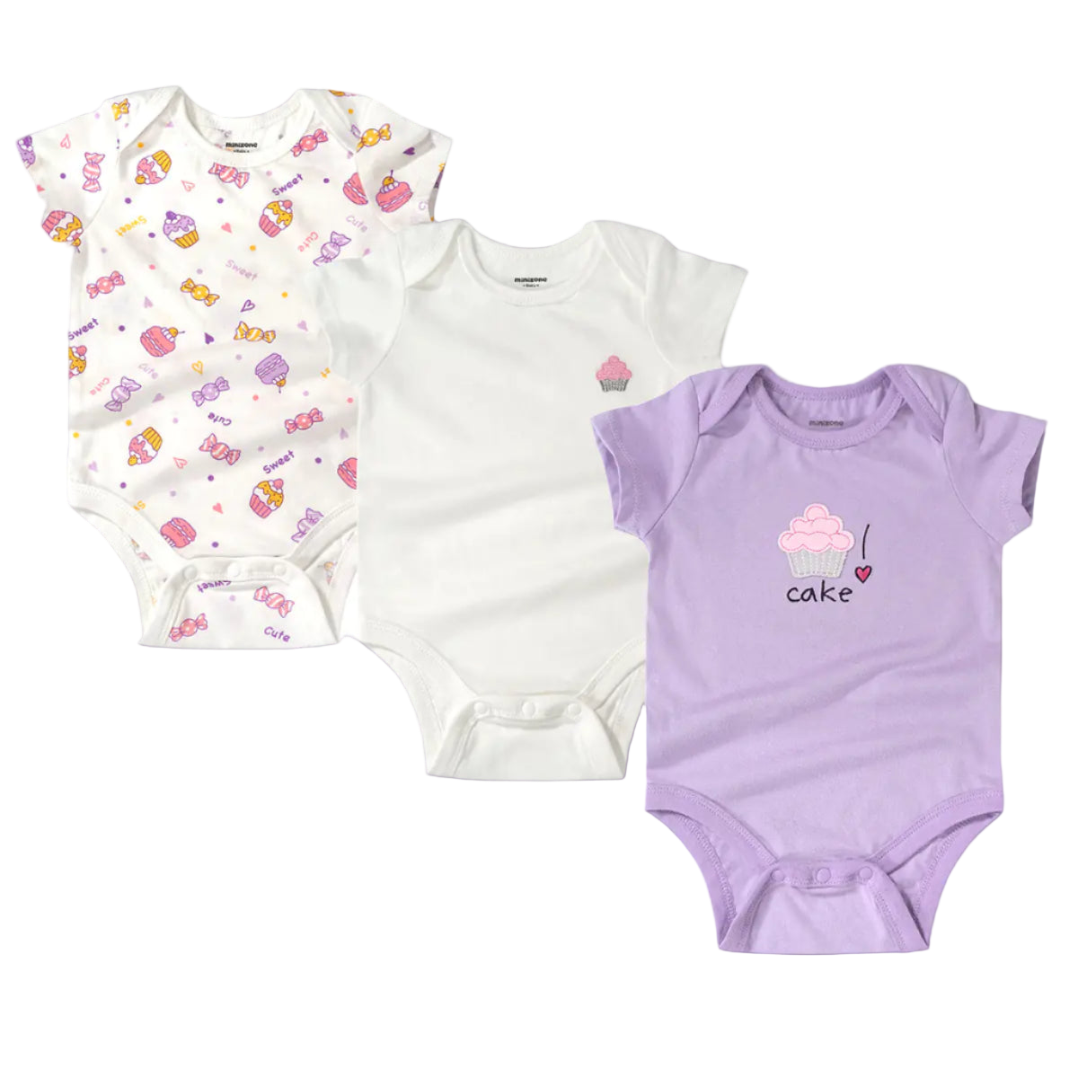 Three baby bodysuits with different designs on a white background
