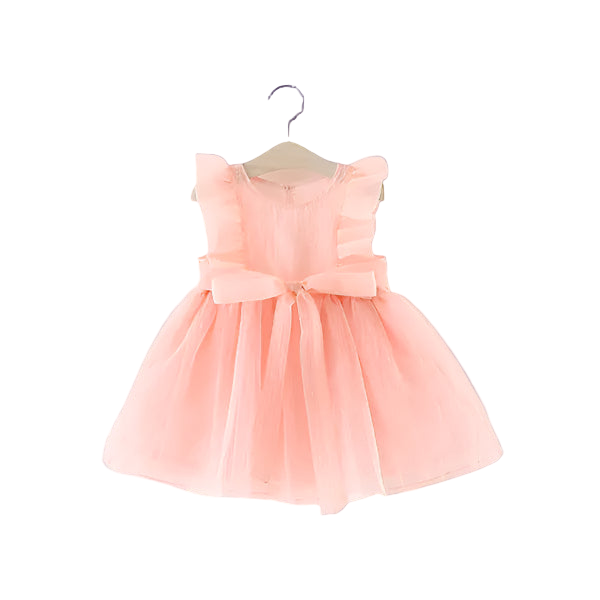 Pink dress with a bow on a hanger against a white background
