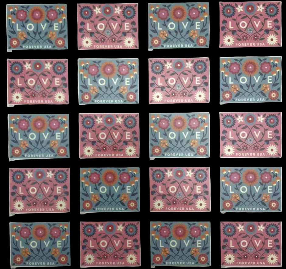 Grid of 'LOVE' themed decorative tiles on a white background