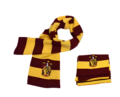 Maroon and yellow striped scarf with a crest on a white background