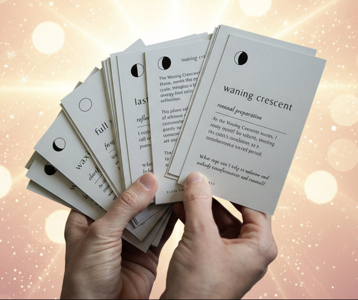 Hand holding a set of white cards with text against a blurred background