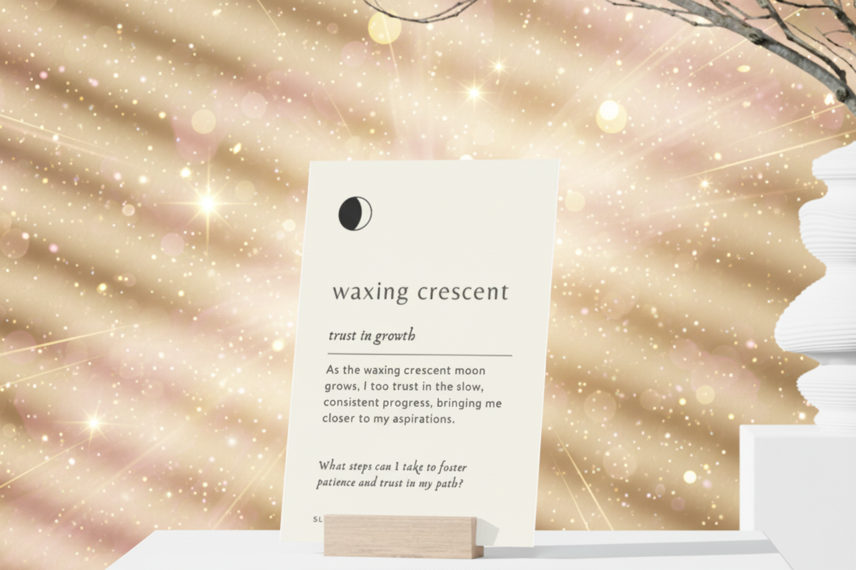Card with text about the waxing crescent moon phase on a white surface.