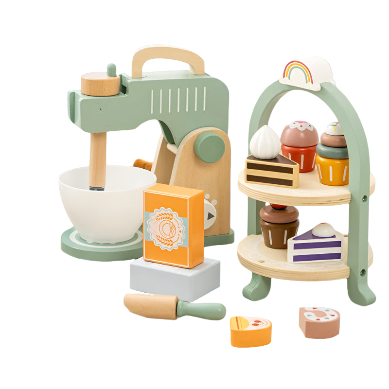 Colorful wooden toy kitchen set with various utensils and a rainbow arch on a light background