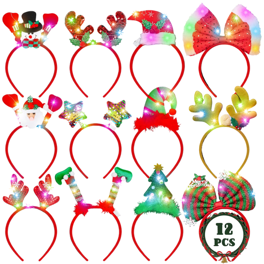 Set of 12 Christmas-themed LED headbands on a black background with a '12 pcs' label.