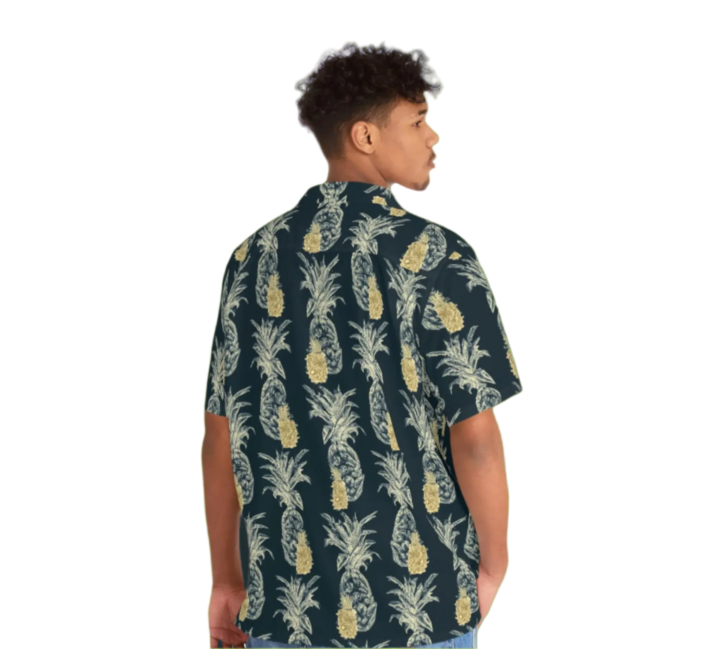 Person wearing a pineapple patterned shirt on a white background