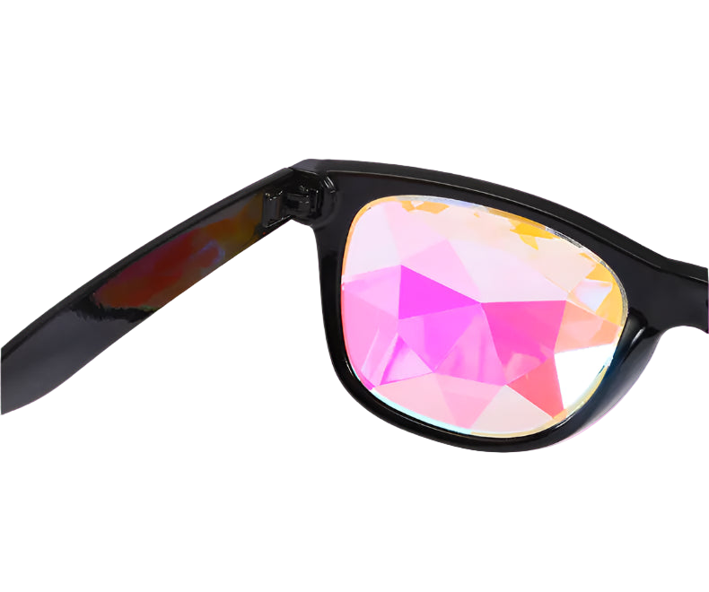 Sunglasses with colorful geometric patterned lenses on a white background