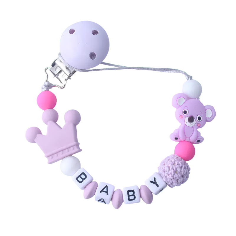 Baby teething necklace with purple and pink accents on a white background
