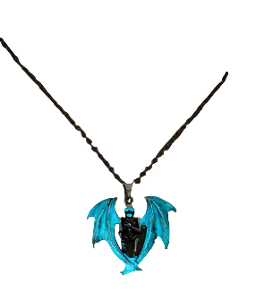 Dragon-shaped pendant with blue accents on a dark chain against a brown background