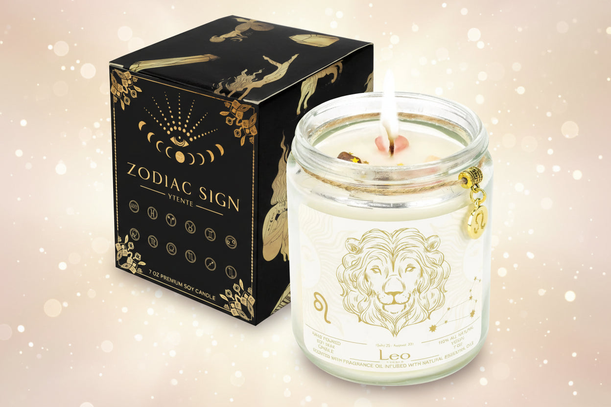 Candle in a glass jar with a zodiac sign design next to its packaging