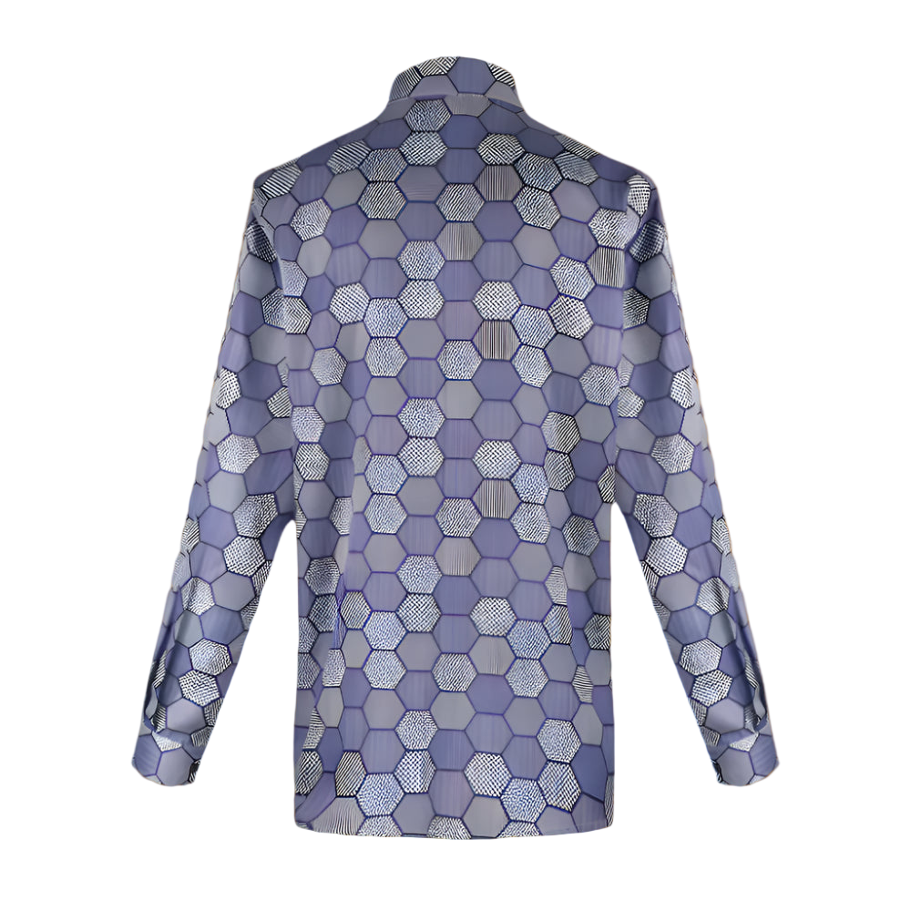 Blue geometric patterned shirt on a white background