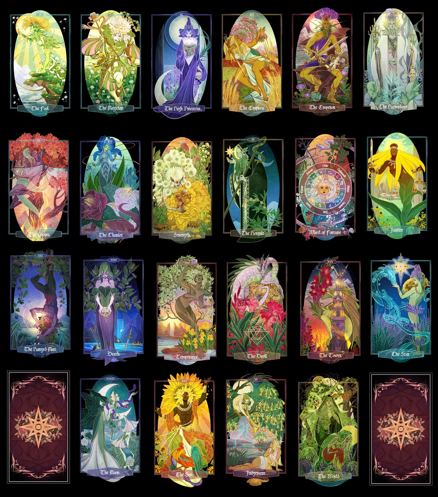 A 4x4 grid of illustrated oracle card designs on a black background, featuring colorful fantasy and nature-themed artwork with text labels such as 'Chakra Energy,' 'Chakra Harmony,' 'Chakra Power,' 'Chakra Wisdom,' 'Chakra Creativity,' 'Chakra Focus,' 'Chakra Serenity,' and 'Chakra Love.'.