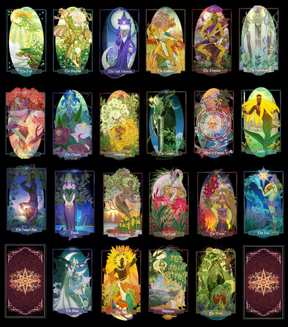A 4x4 grid of illustrated oracle card designs on a black background, featuring colorful fantasy and nature-themed artwork with text labels such as 'Chakra Energy,' 'Chakra Harmony,' 'Chakra Power,' 'Chakra Wisdom,' 'Chakra Creativity,' 'Chakra Focus,' 'Chakra Serenity,' and 'Chakra Love.'.