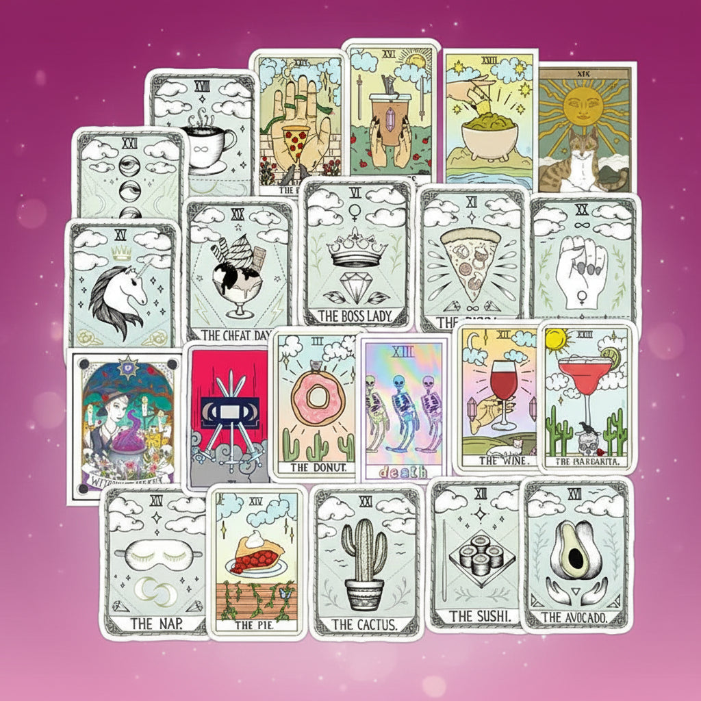 Collection of illustrated tarot cards on a white background