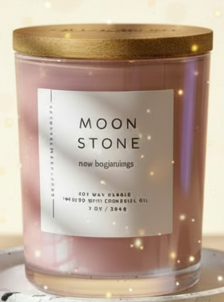 Candle labeled 'Moon Stone' on a decorative stand with pebbles, against a wall with shadow patterns.