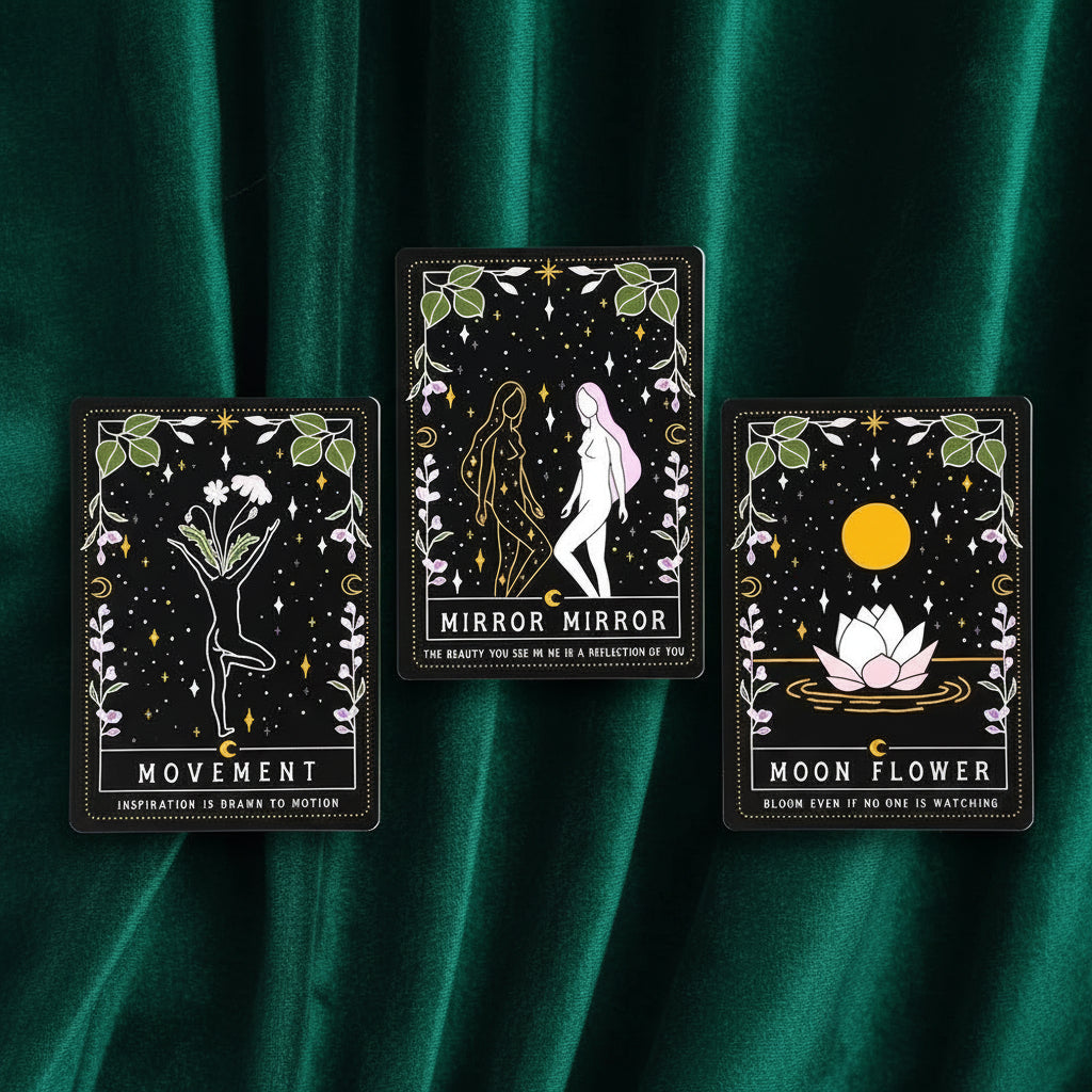 Three decorative cards with illustrations and text on a white background