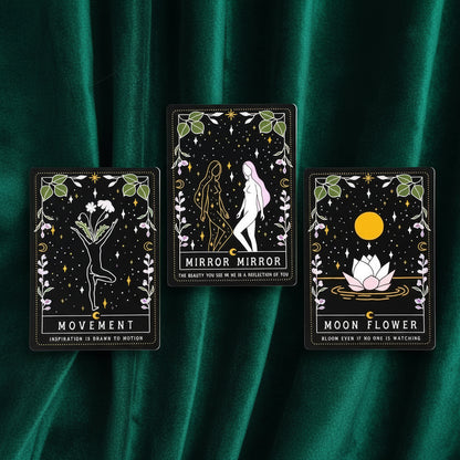 Three decorative cards with illustrations and text on a white background
