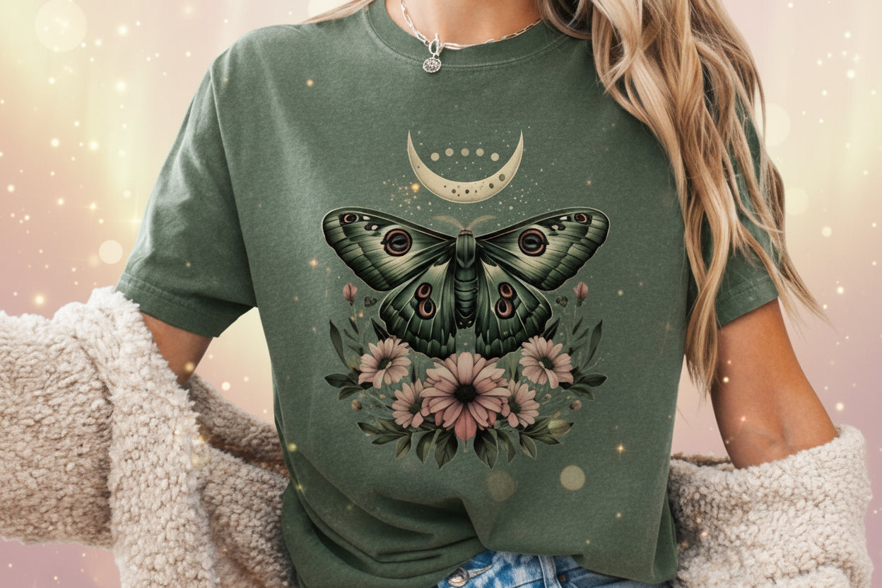 Bohemian Mystic Moon Phase Moth Comfort Colors Shirt-0