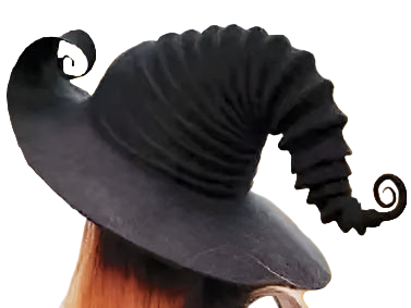 Black witch hat with a pointed top and curved brim, worn by a person with long hair.