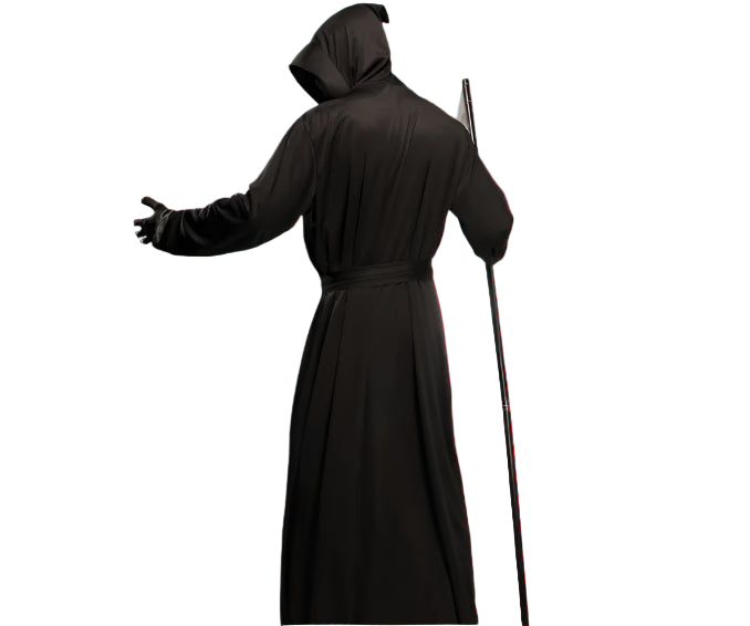 Person wearing a long black robe with a hood on a white background