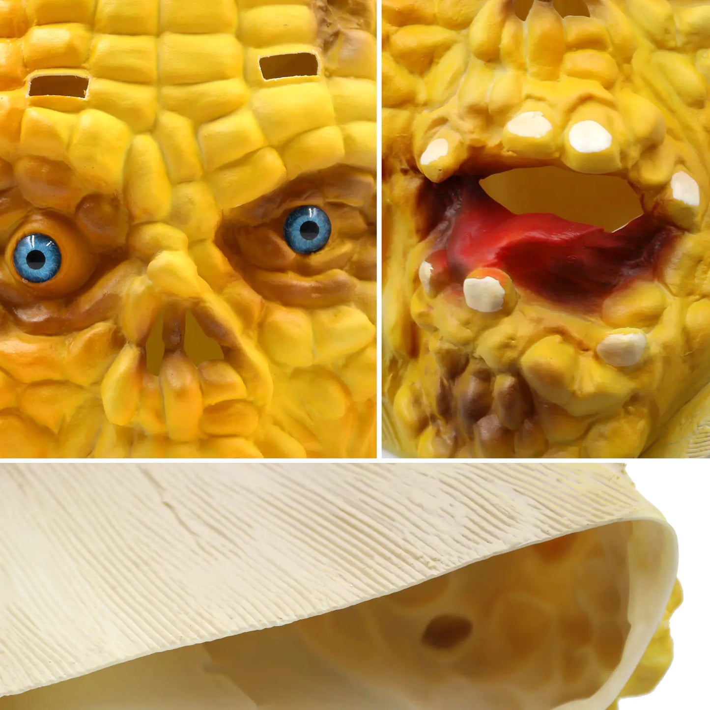 Corn sculpture with a face on a wooden surface