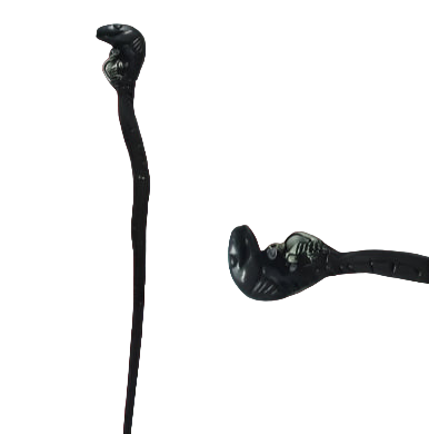Black decorative walking cane with intricate design on a white background