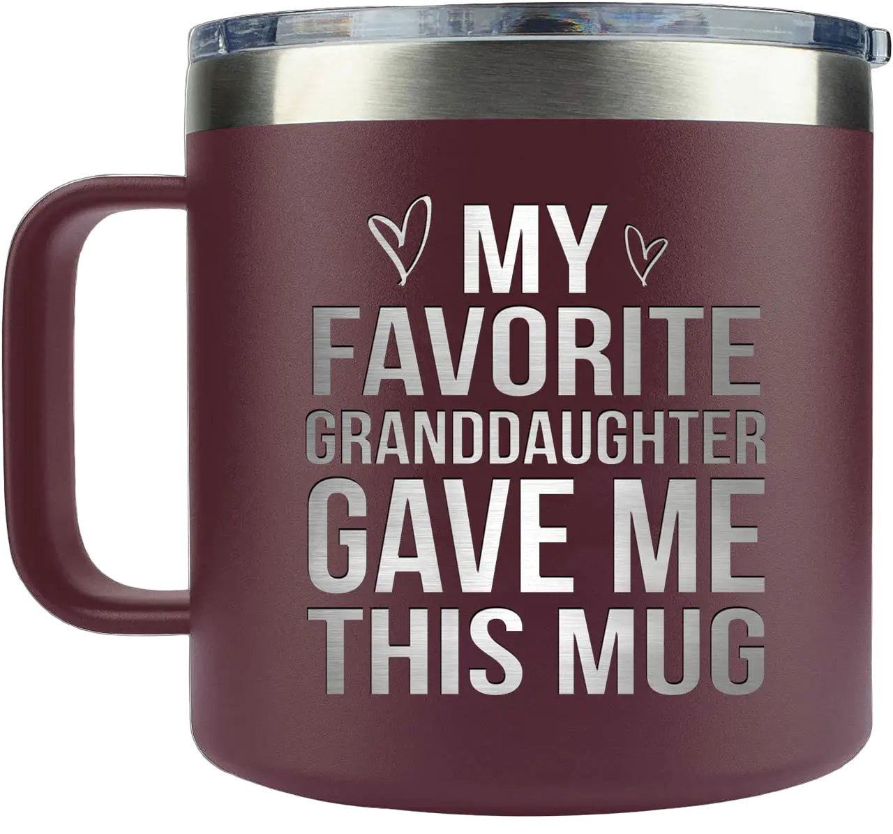 Maroon mug with silver text 'My Favorite Granddaughter Gave Me This Mug' on a white background