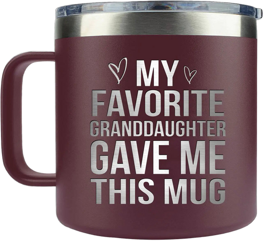 Maroon mug with silver text 'My Favorite Granddaughter Gave Me This Mug' on a white background