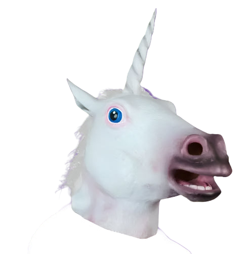 Unicorn mask with blue eyes and a pink nose on a white background