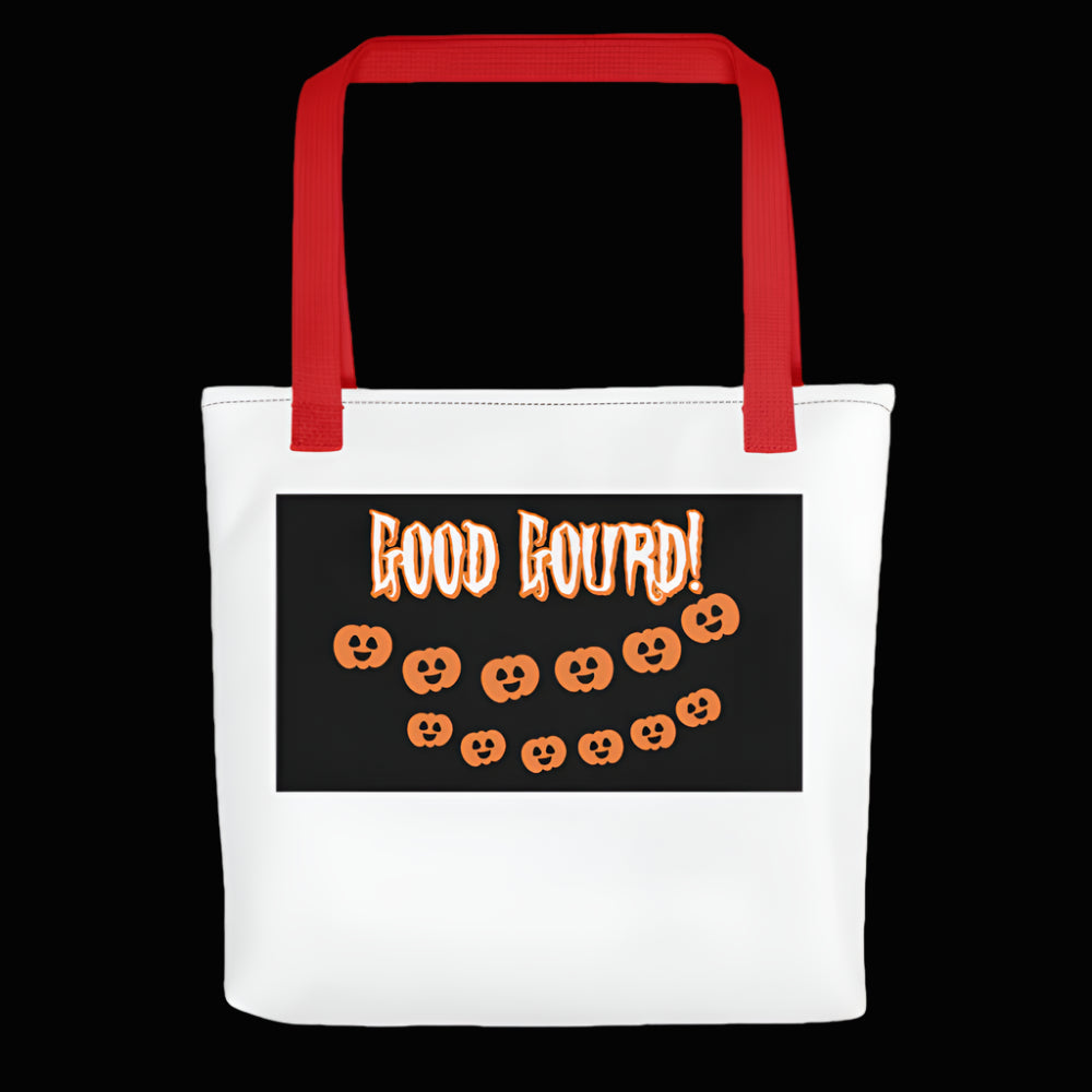 White tote bag with red handles featuring Halloween-themed design on a white background
