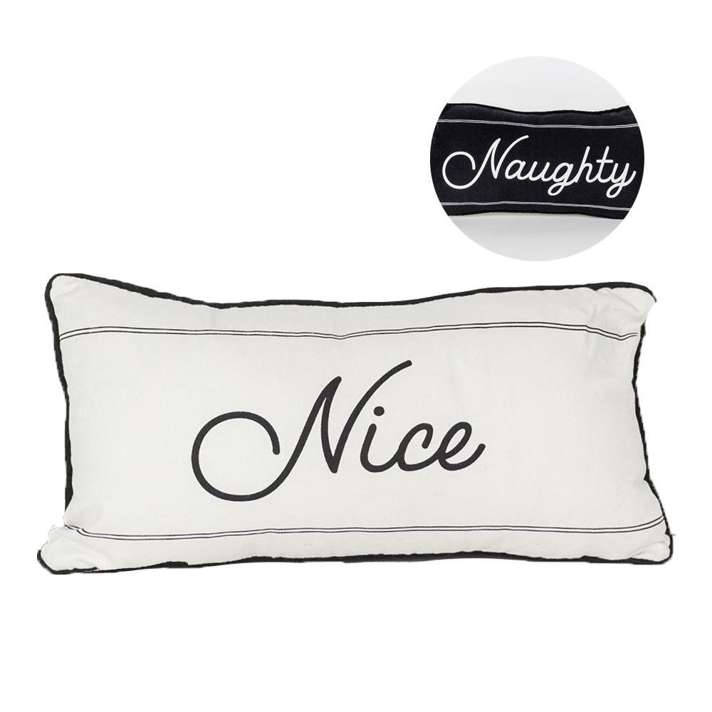 White pillow with 'Nice' text and a smaller pillow with 'Naughty' text on a white background