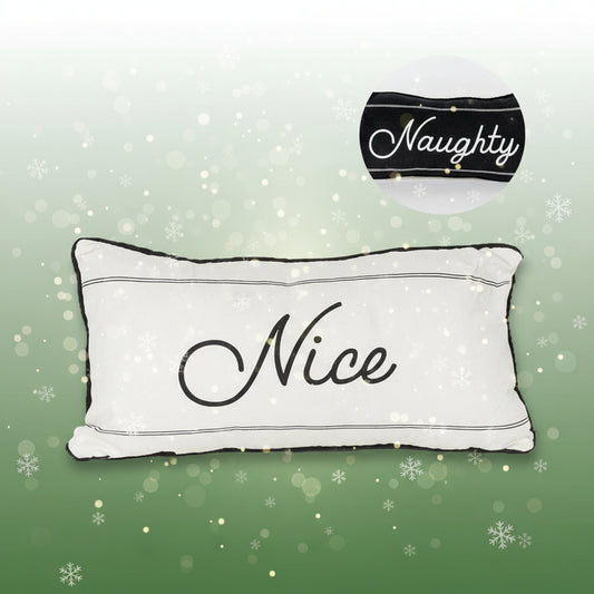 White pillow with 'Nice' text and a smaller pillow with 'Naughty' text on a white background